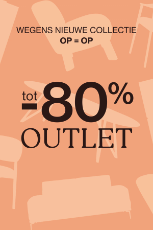 Banner met outletactie: tot 80% korting op meubels wegens nieuwe collectie. Opruiming, op = op. Achtergrond met silhouetten van designmeubels.