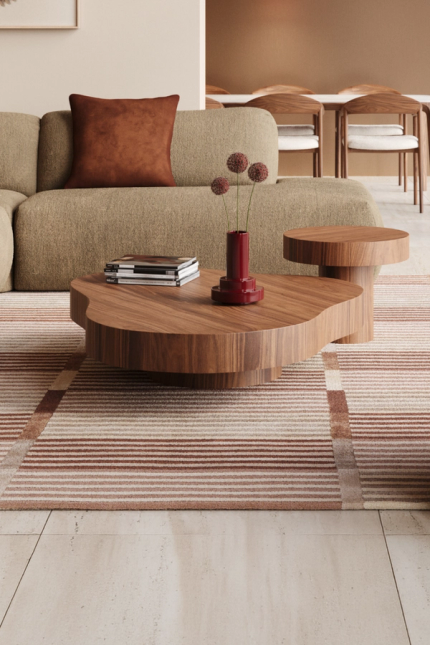 Stijlvolle salon- en bijzettafels in warme houttinten, perfect voor een moderne en uitnodigende woonkamer. Creëer een harmonieuze en functionele ruimte met een balans van comfort en design.