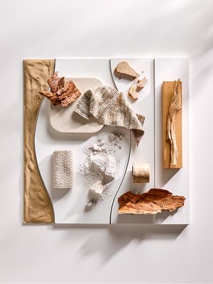 Moodboard met natuurlijke materialen en aardse tinten voor de stijl Articulate Silence