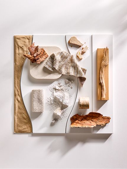 Moodboard met natuurlijke materialen en aardse tinten voor de stijl Articulate Silence