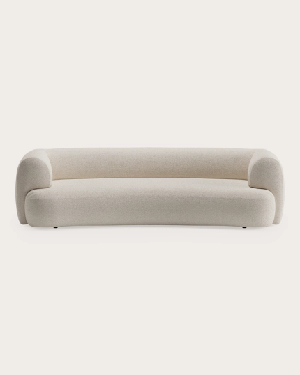 Canapé Tortona aux formes arrondies en tissu bouclé taupe sur fond blanc 