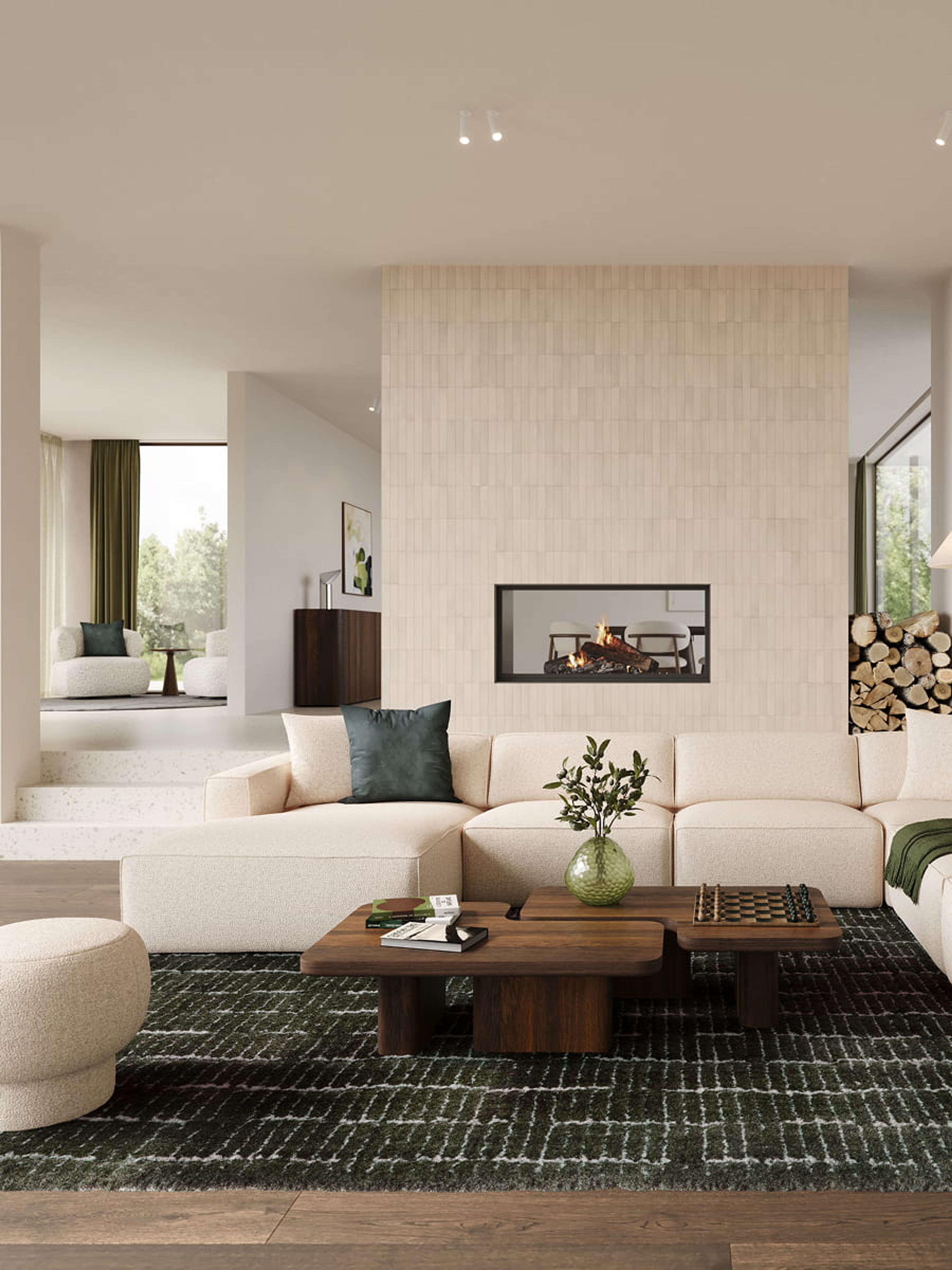 Donkergroen tapijt Cefalu onder een modulaire beige zetel met houten salontafel, in een lichte woonkamer met open haard.