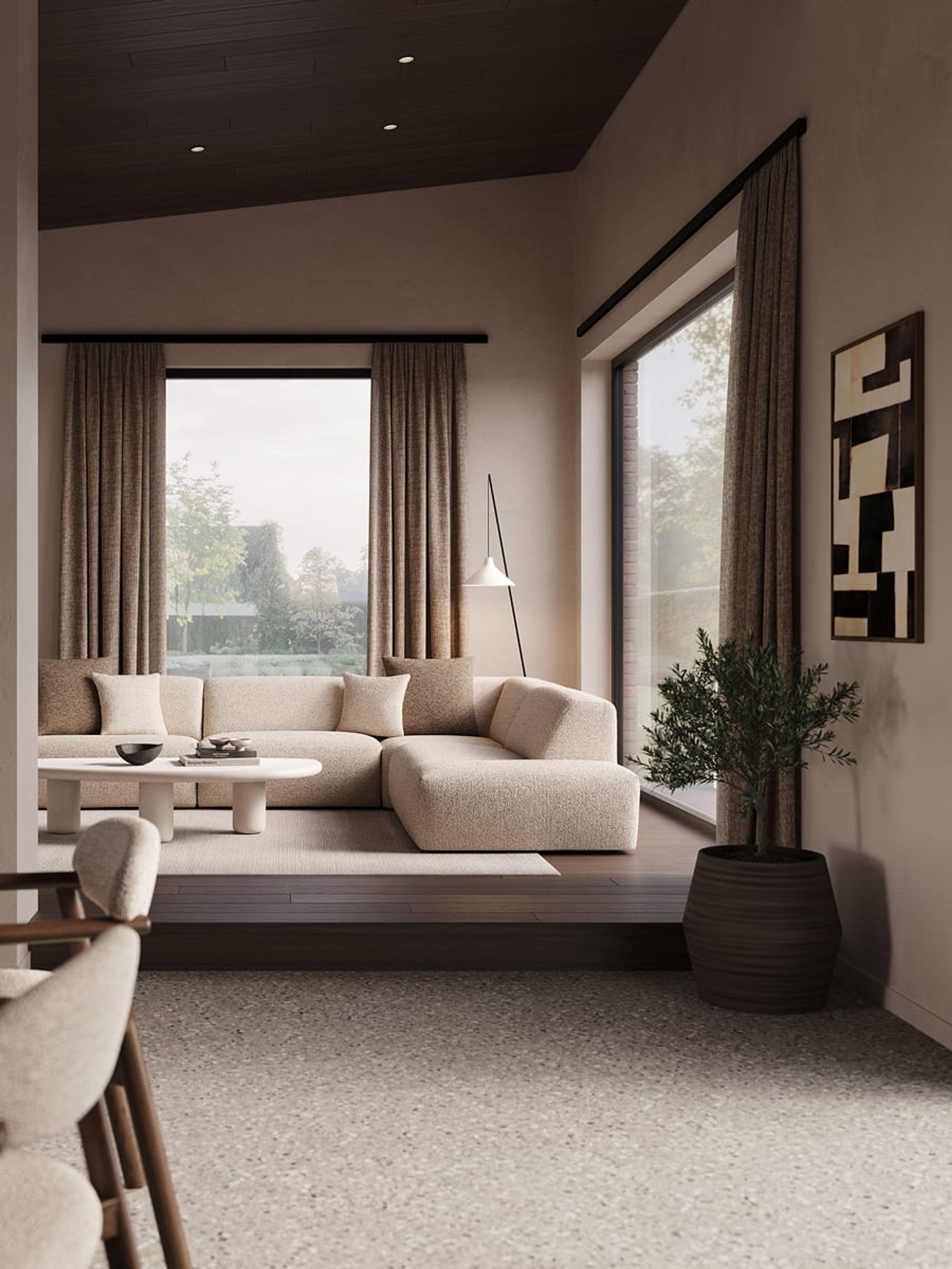 Beige hoekzetel Porto in warme woonkamer met grote ramen, lichte gordijnen, ronde salontafel en houten vloer.