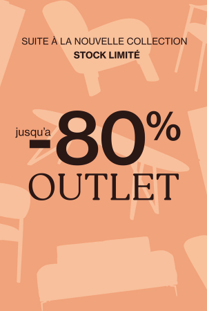Bannière promotionnelle Outlet : jusqu'à -80 % de réduction sur les meubles en raison d'une nouvelle collection. Déstockage, jusqu'à épuisement des stocks. Fond avec des silhouettes de meubles design.