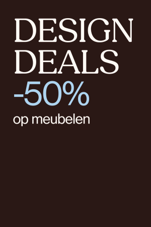 Grafische banner met de tekst “Design Deals -50% op meubelen” op een donkerbruine achtergrond.