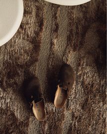 Paar bruine schoenen op een hoogpolig tapijt met gemêleerde bruintinten.