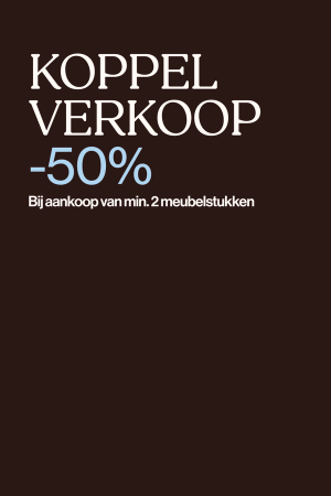 Grafische banner met de tekst “Koppelverkoop -50% bij aankoop van min. 2 meubelstukken” op een donkerbruine achtergrond.