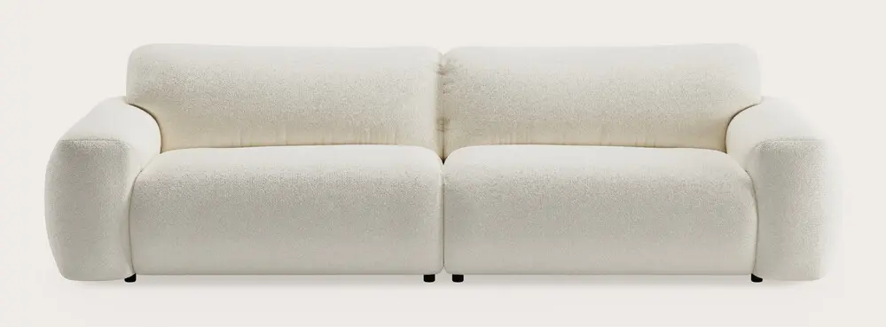 Canapé modulaire avec deux modules d’assise et accoudoirs arrondis, revêtu de tissu bouclé beige clair sur fond neutre.