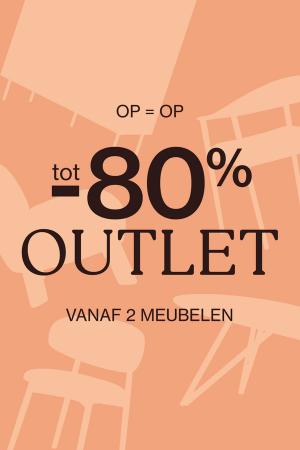 Banner met outletactie: tot 80% korting op meubels. Opruiming, op = op. Achtergrond met silhouetten van designmeubels.