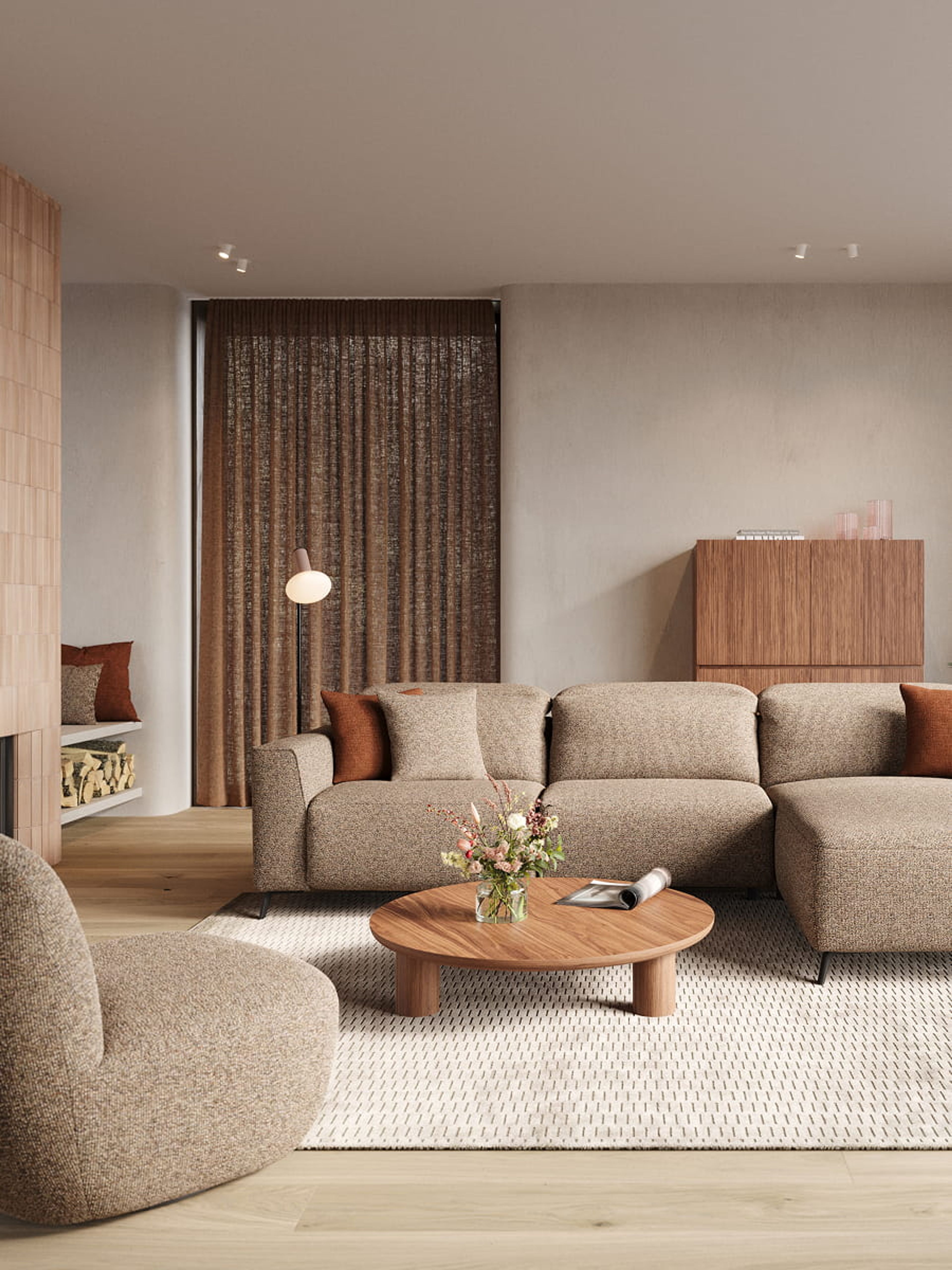 Canapé modulaire Monza beige avec chaise longue dans un salon chaleureux, table basse ronde en bois et coussins.