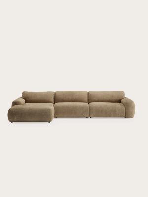 Sarpi modulaire hoekzetel met chaise longue links, afgeronde armleuningen en zandkleurige stof.
