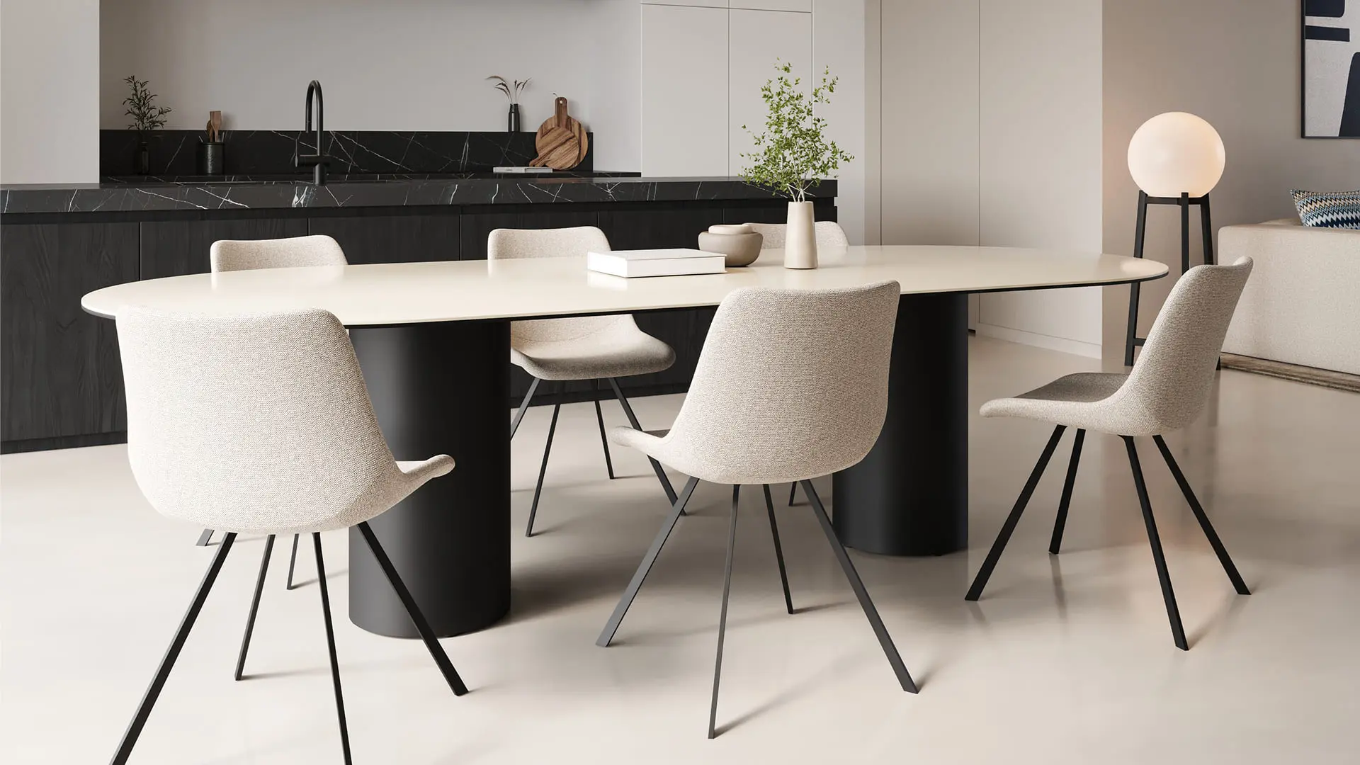 De Astoni eettafel heeft een stijlvolle ovale bovenkant met zwarte cilindervormige poten. Perfect voor een moderne eetkamer, gecombineerd met minimalistische stoelen voor een verfijnde uitstraling.