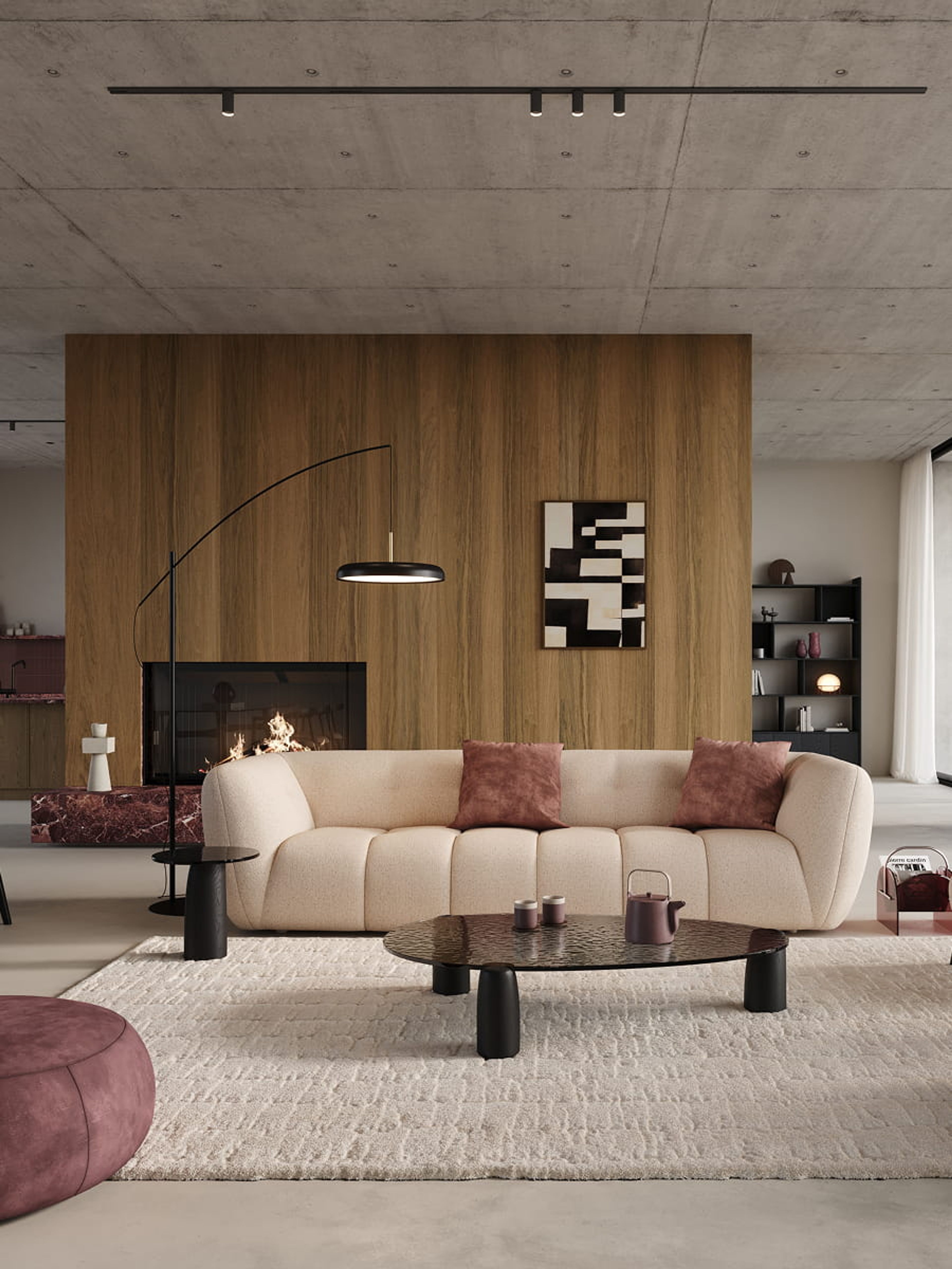 Licht tapijt Catania onder een ronde salontafel en beige zetel, in een moderne woonkamer met houten wand en open haard.