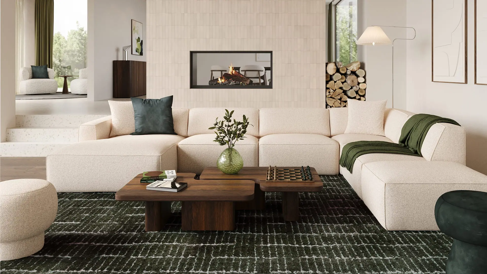 Tables d’appoint Duplito en bois foncé devant un canapé modulable beige dans un intérieur avec vue ouverte vers la cuisine.