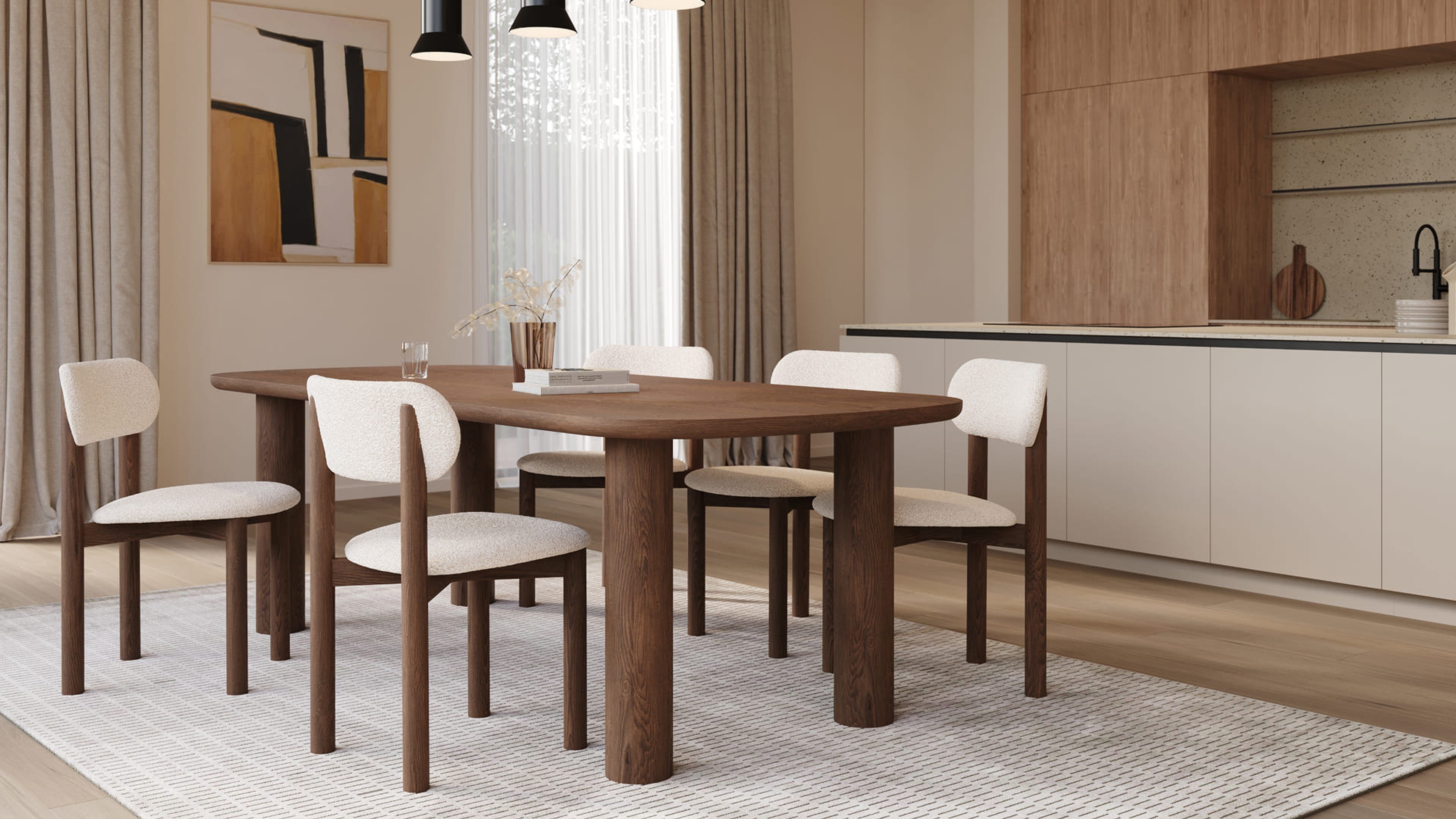 Amici eettafel in hout met zacht gevormd blad en stevige poten, een warm en eigentijds design in een lichte eetkamer.