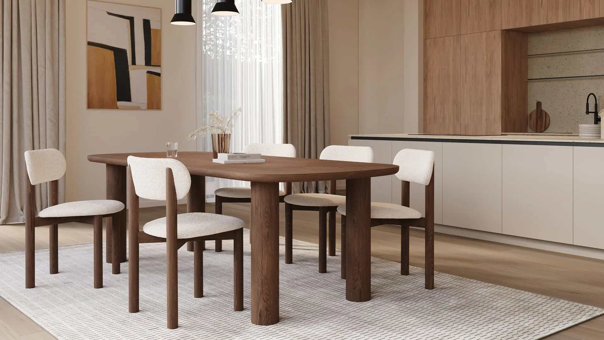 Amici eettafel in hout met zacht gevormd blad en stevige poten, een warm en eigentijds design in een lichte eetkamer.