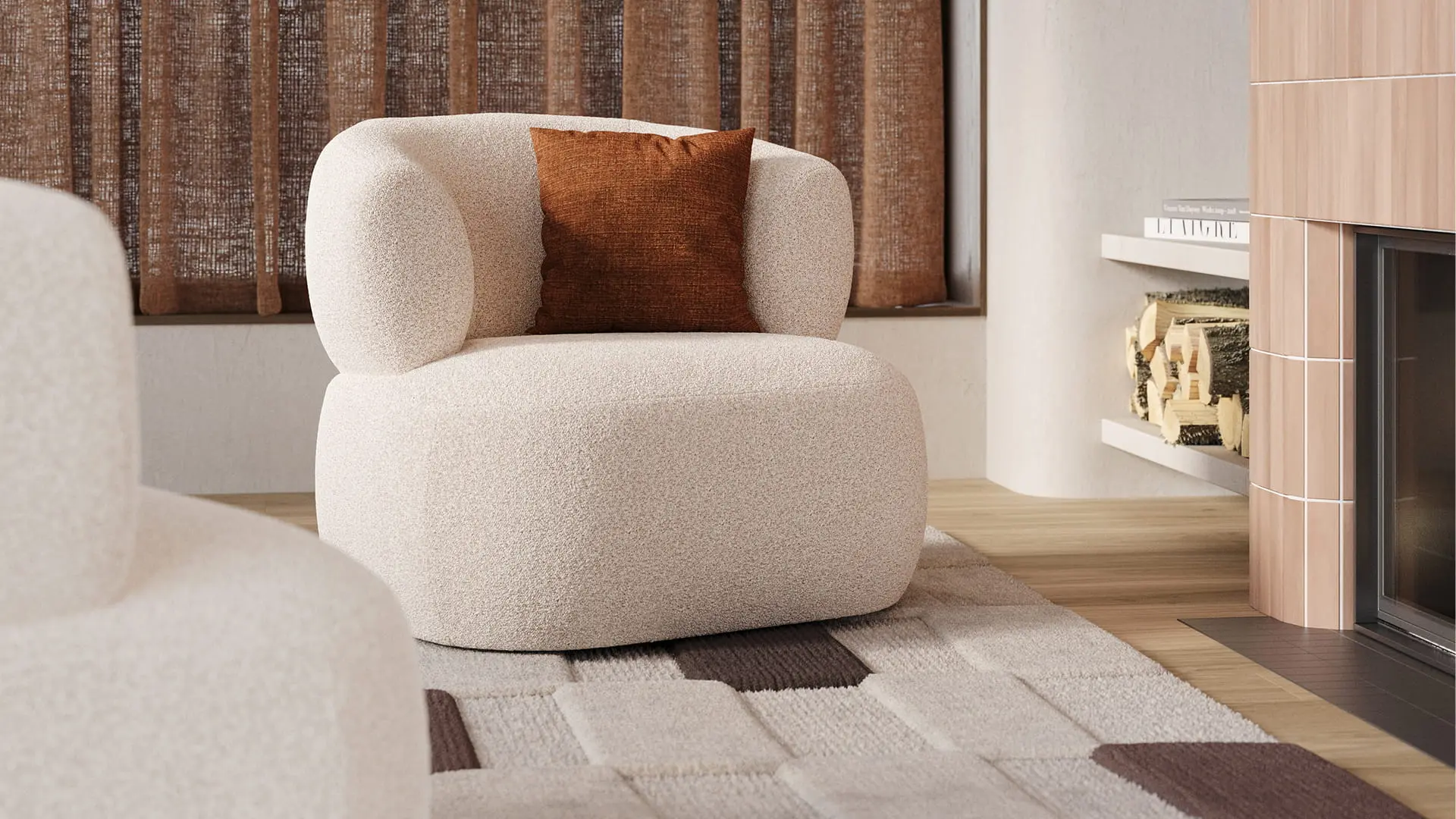 Bomba fauteuil in licht bouclé stof met roestbruine kussen, op een getextureerd vloerkleed voor bruine gordijnen in een rustige zithoek.