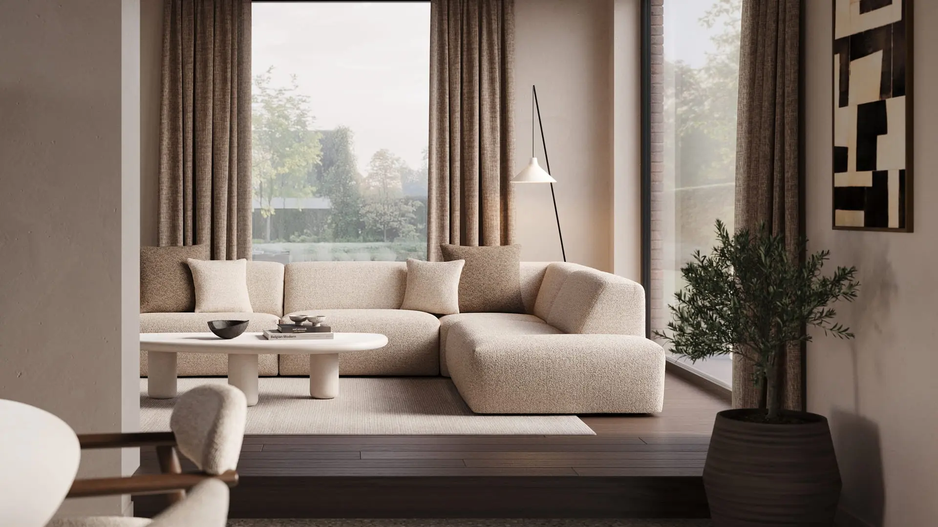 Beige hoekzetel Porto in warme woonkamer met grote ramen, lichte gordijnen, ronde salontafel en houten vloer.