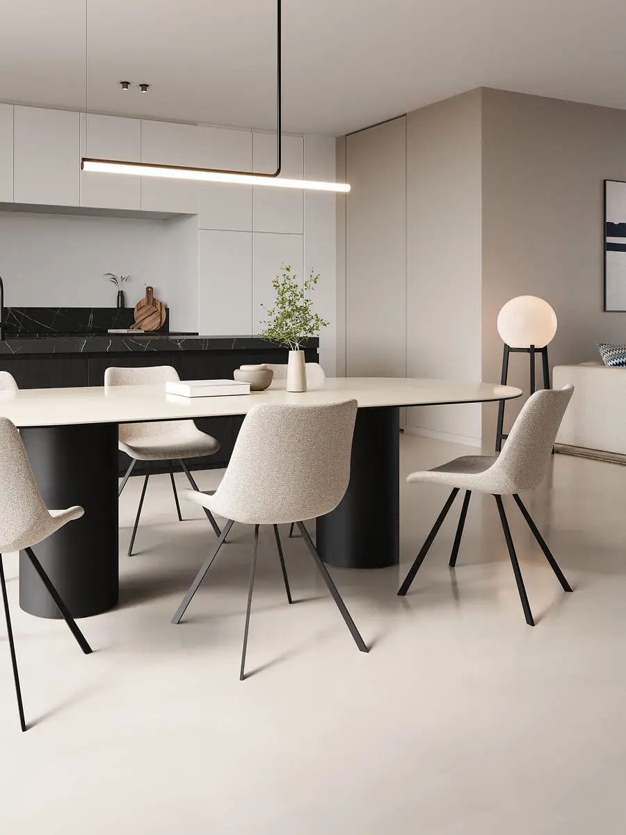 De Astoni eettafel heeft een stijlvolle ovale bovenkant met zwarte cilindervormige poten. Perfect voor een moderne eetkamer, gecombineerd met minimalistische stoelen voor een verfijnde uitstraling.