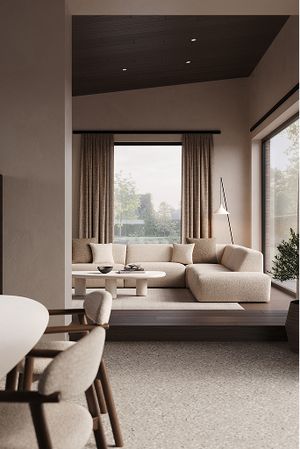 Canapé d'angle clair avec méridienne dans un salon élégant comme signature de l'intérieur