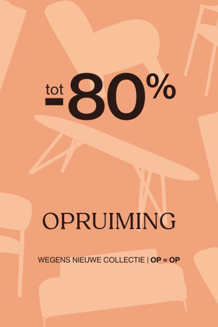 Banner met outletactie: tot 80% korting op meubels wegens nieuwe collectie. Opruiming, op = op. Achtergrond met silhouetten van designmeubels.