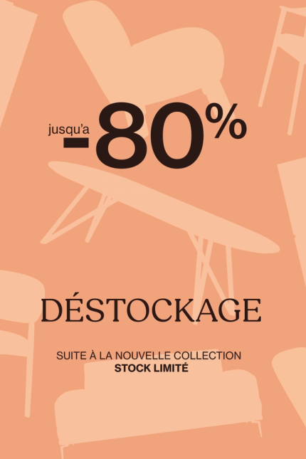 Bannière promotionnelle Outlet : jusqu'à -80 % de réduction sur les meubles en raison d'une nouvelle collection. Déstockage, jusqu'à épuisement des stocks. Fond avec des silhouettes de meubles design.
