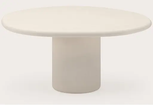 Table de salle à manger ronde beige avec pied central cylindrique sur fond clair.