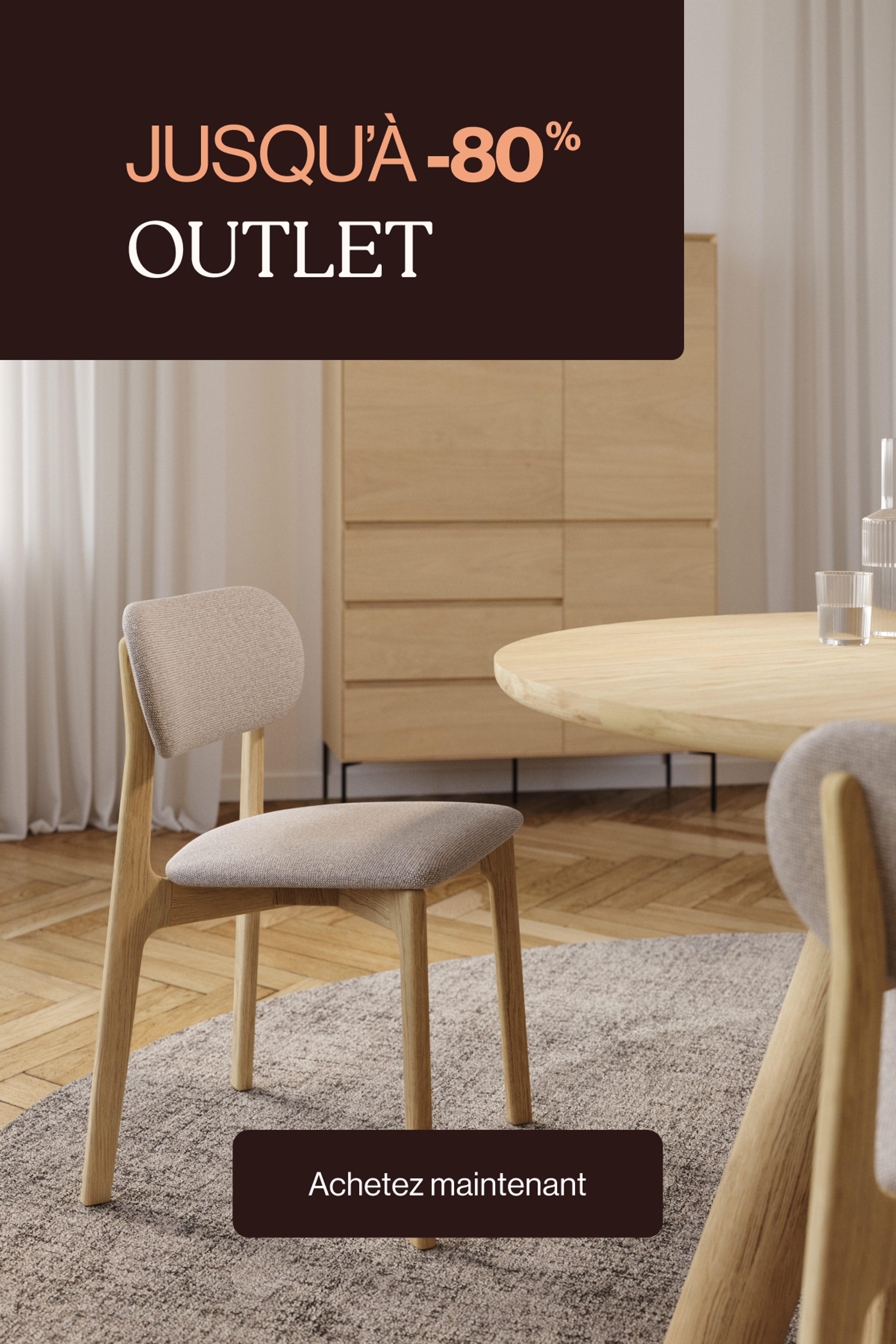 Mosaïque de meubles design (chaise, tables, armoire) sur fond beige clair, avec vignette centrale « Jusqu’à -70% outlet » et bouton CTA.