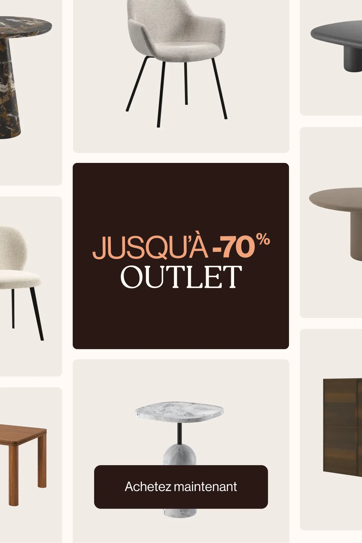 Mosaïque de meubles design (chaise, tables, armoire) sur fond beige clair, avec vignette centrale « Jusqu’à -70% outlet » et bouton CTA.