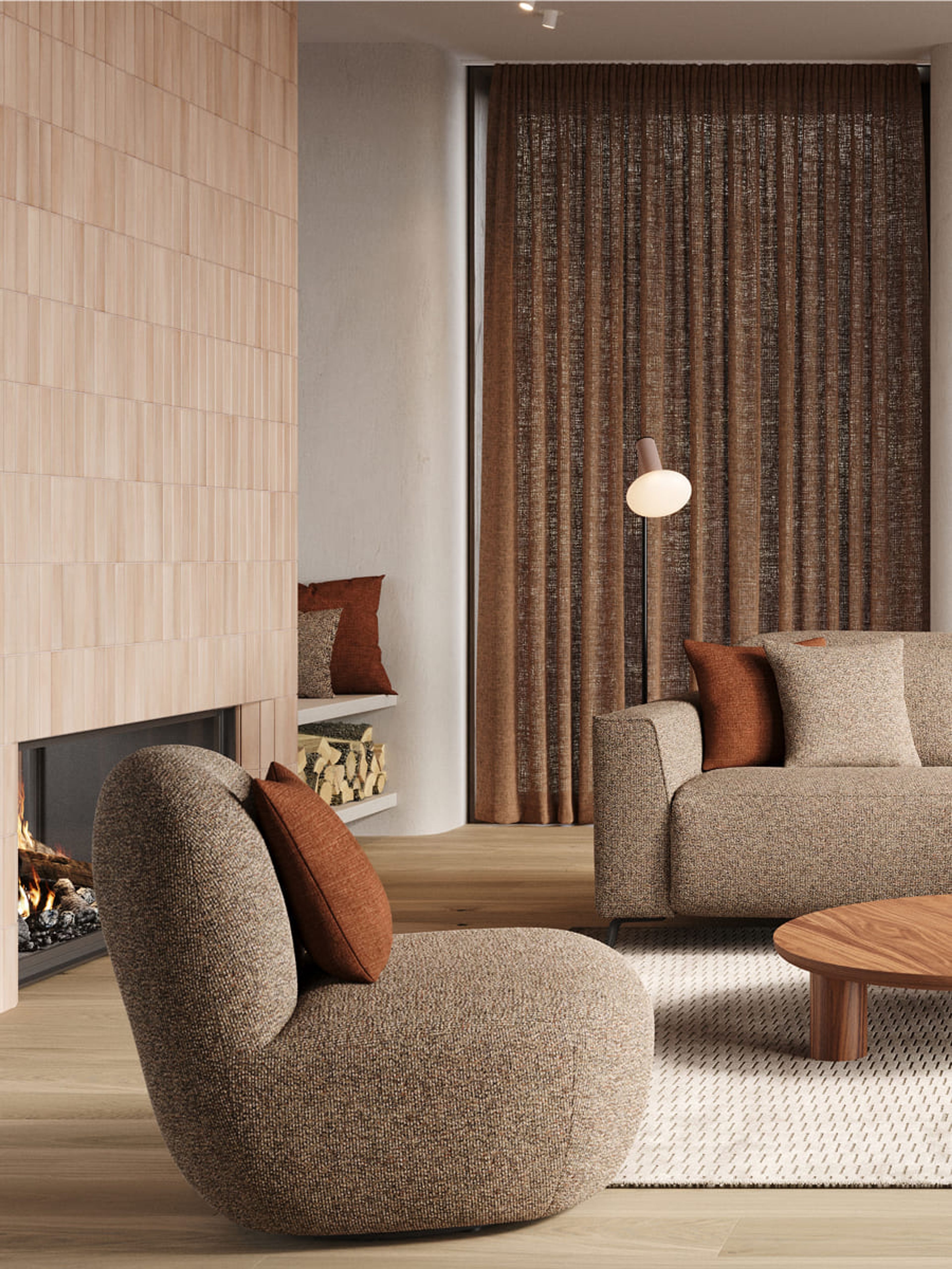 De Bocca fauteuil, een luxe en elegante stoel met organische vormen, biedt optimaal comfort met een zachte bekleding en een stevig houten frame. De ronde lijnen zorgen voor een uitnodigende en moderne uitstraling.