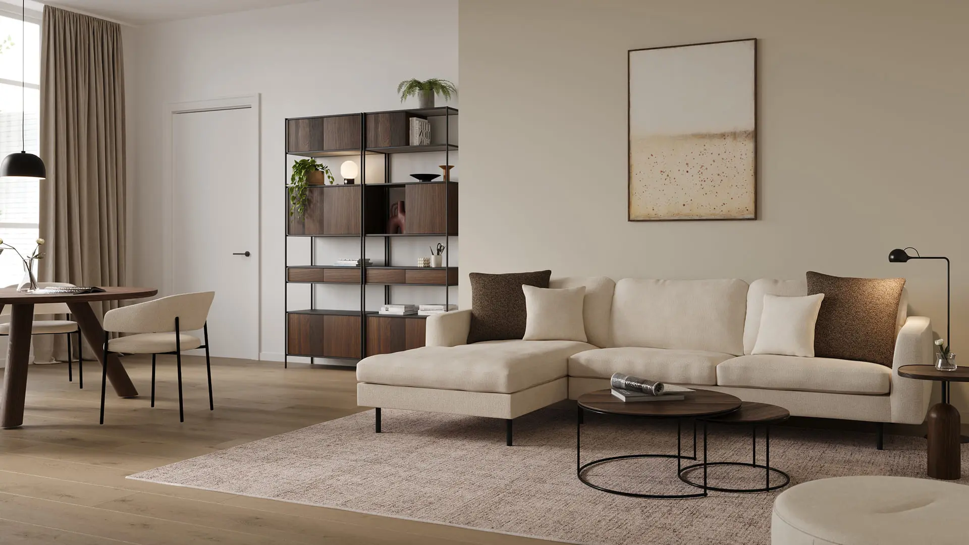 Un intérieur élégant et fonctionnel pour un espace compact, avec un canapé léger et confortable, une bibliothèque en bois épurée et des accessoires minimalistes apportant chaleur et équilibre.