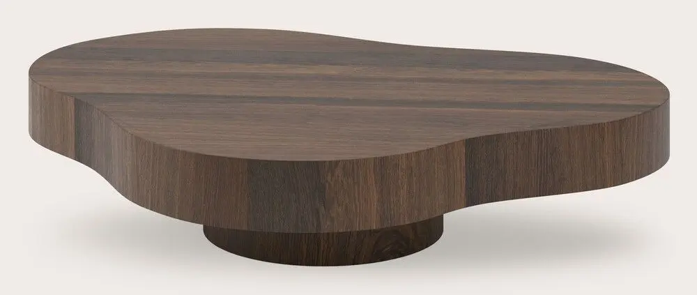 Table basse en bois foncé, de forme organique et arrondie, avec un piètement central bas sur fond neutre.