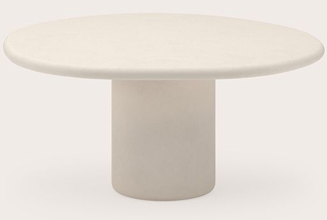 Table de salle à manger ronde beige avec pied central cylindrique sur fond clair.